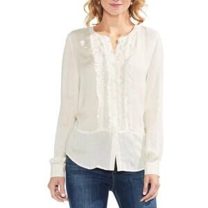Vince Camuto Ruffle Front Button Down Boho Lagenlook Ivory Top Size L